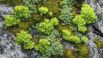 Green moss and lichen growing on a rocky surface.