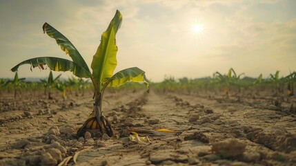 Banana Plantation Drought: A desolate landscape of cracked earth and withered banana plants paints a stark picture of the impact of drought on agriculture. The setting sun casts a somber glow.