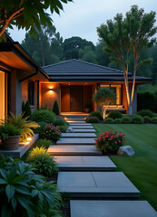 Fototapeta premium A modern garden with LED lighting, featuring winding paths leading to the house's entrance and a beautifully designed landscape that includes lush greenery, small water features, and vibrant flowers