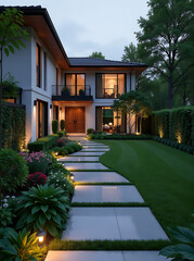 Fototapeta premium A modern garden with LED lighting, featuring winding paths leading to the house's entrance and a beautifully designed landscape that includes lush greenery, small water features, and vibrant flowers