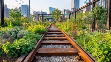Obraz premium Green plants flourishing along urban railway tracks, highlighting natures resilience in city environments