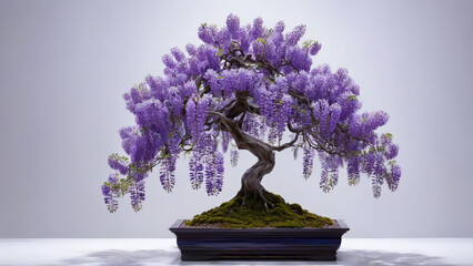 Enchanting wisteria bonsai with pendulous lavender clusters pure white backdrop soft focus ethereal quality Abstract background