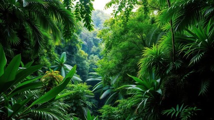 Obraz premium Lush green jungle canopy in Costa Rica with vibrant tropical foliage and dense vegetation, green, wilderness