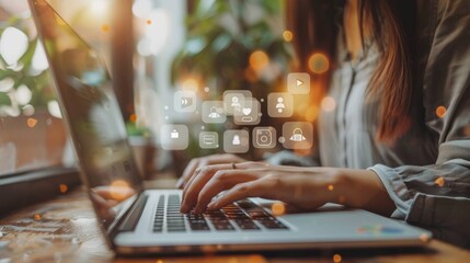 A social media manager scheduling paid ads across different platforms on a laptop, with tools like Hootsuite or Buffer visible on the screen