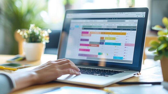 A social media manager using a laptop to schedule posts across multiple platforms, with a content calendar and scheduling tool visible on the screen