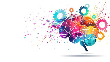 Fototapeta premium A colorful brain illustration symbolizing creativity and innovation with gears and splashes of color.