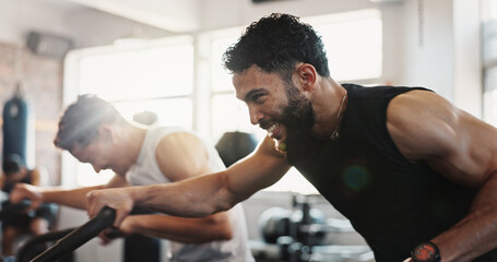 Plakat Workout, gym and men with exercise bike, friends and fitness with sweating and strength in health club. Muscle, cardio and training with machine, athlete and equipment with sport and wellness