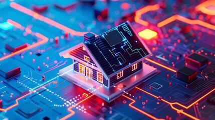 Obraz premium Miniature house stands on circuit board with integrated lines for showcasing smart home concept advanced technology digital connectivity innovation concept.