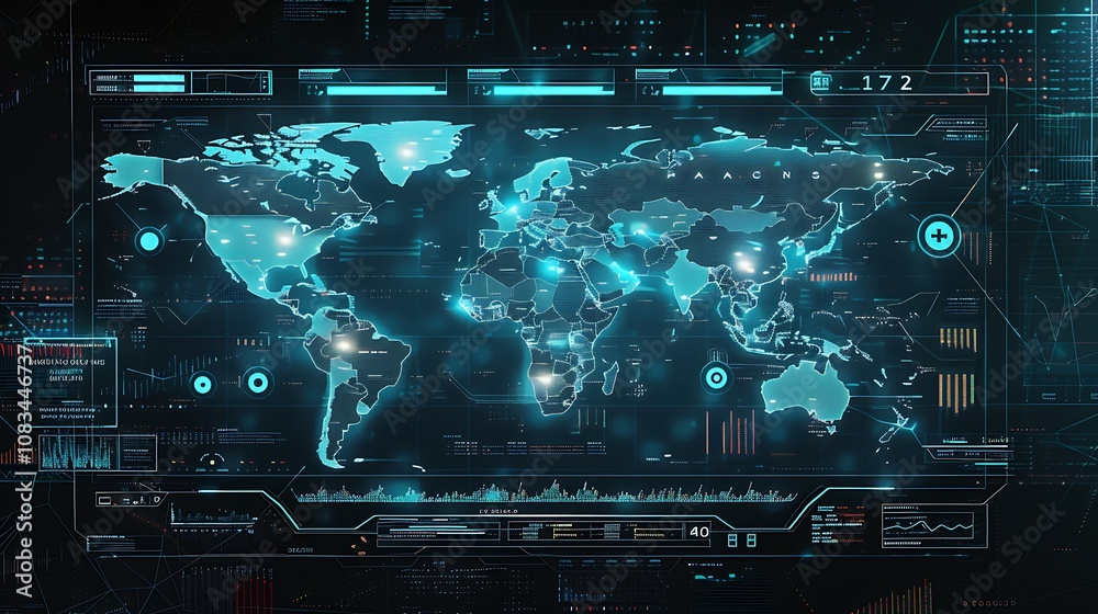 Poster futuristic digital world map interface with glowing blue lines and dots, representing global data co