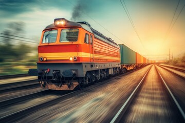 Obraz premium Freight Train Traveling Through Expansive Desert Landscape