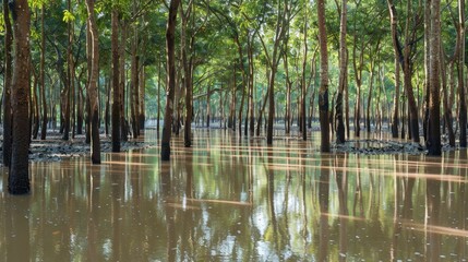 Obraz premium Flooded Forest: A serene and mystical scene of a flooded forest, showcasing the resilience of nature in the face of water. The water reflects the sky, creating a mirror-like surface.