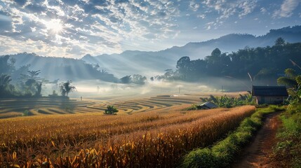 Fototapeta premium Golden Hour in the Rice Fields: A breathtaking view of a misty valley with golden rice fields, sunbeams piercing through the clouds, and a quaint cottage nestled in the landscape.