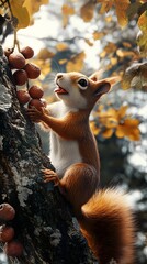 Obraz premium Cute red squirrel eating fruit on a tree.