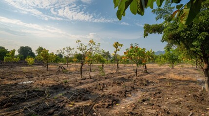 Obraz premium New Life: A row of young saplings sprout from the parched earth, a symbol of hope and renewal. The sun shines through the branches, casting long shadows on the ground.
