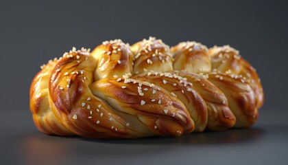 Fototapeta premium A freshly baked braided bread with sesame seeds, shot on a black background.