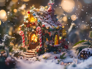 Fototapeta premium Enchanting Winter Wonderland Scene with a Decorated Candy House Surrounded by Snowflakes and Sparkling Lights in a Magical Christmas Setting