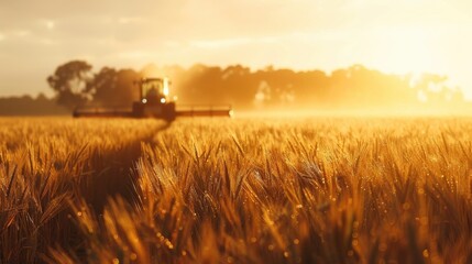 Fototapeta premium Golden Hour Harvest: Tractor working in a field of ripe wheat at sunset. The sun casts a warm golden glow, creating a stunning and peaceful scene. 