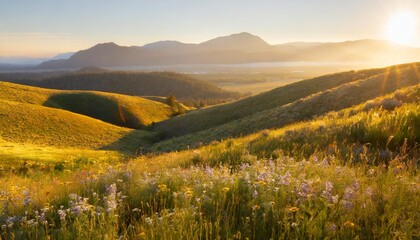 Fototapeta premium Rolling Green Hills Bathed in Soft Golden Light, With Wildflowers Blooming Across the Meadow and the Majestic Mountains Rising in the Distance Under the Vast Open Sky