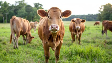 Fototapeta premium Cows Grazing in a Lush Meadow: A picturesque scene of brown cows grazing in a lush green meadow under a soft golden light.