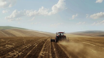 Obraz premium Tractor Plowing Field: A red tractor plows through a vast field, leaving a trail of dust in its wake. The tractor's powerful engine roars as it prepares the land for planting.