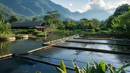 Fototapeta premium Serene Mountain Retreat: Tranquil fish farm nestled in lush green valley with stunning mountain backdrop. A picturesque scene of calm waters and vibrant nature. 