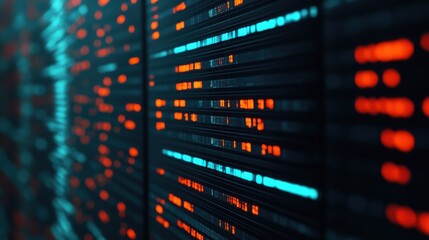 Abstract data stream with glowing red and blue light patterns on a dark background