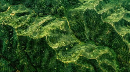 Abstract Aerial View of Lush Green Terraces: A captivating aerial view of verdant rice terraces, captured from an abstract perspective. The intricate patterns and textures of the land.