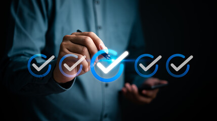 Hand marking approval ticks on a holographic checklist interface. Highlights task completion,...