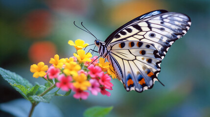 Obraz premium Close-up of a butterfly on a colorful flower, showcasing vivid details, natural beauty, and the fragility of nature’s wonders