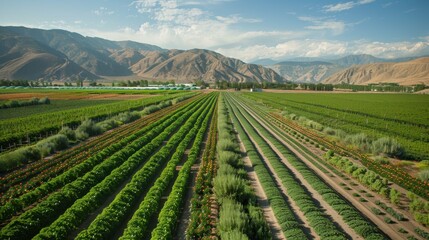Naklejka premium Farmland Serenity: Rows of flourishing crops stretch towards the horizon, framed by majestic mountains under a bright blue sky.