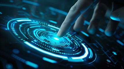Finger hovering over a futuristic digital interface with glowing blue lines and circles. The image represents technological advancement, digital interaction, and the merging of human and technology.