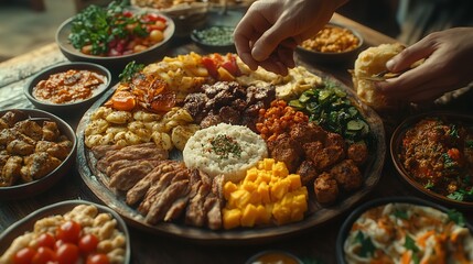 Fototapeta premium Diverse and Delightful Traditional Muslim Feast Spread with Aromatic Dishes Savory Meats and Freshly Baked Breads