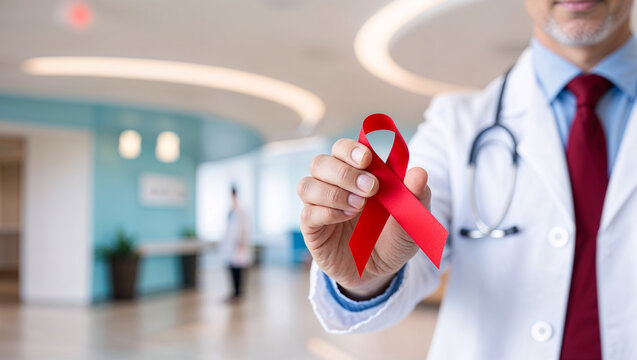 A doctor holds a red awareness ribbon, world AIDs day ribbon