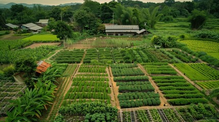 Serene Garden Landscape: A tranquil aerial perspective of a lush, meticulously cultivated garden, showcasing rows of vibrant green vegetables and a picturesque rural setting.
