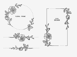 Set of love floral rectangle and circle frame and horizontal divider with line garden rose, leaf, stem and bud. Valentine's day or wedding design elements. Hand drawn sketch. Vector illustration.