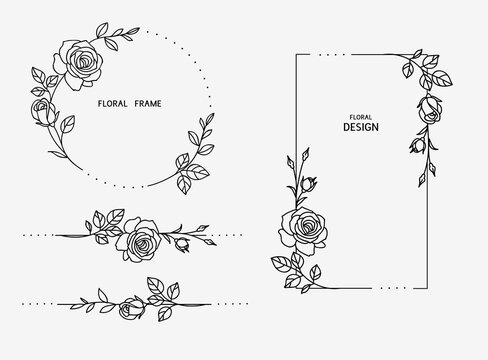 Set of love floral rectangle and circle frame and horizontal divider with line garden rose, leaf, stem and bud. Valentine's day or wedding design elements. Hand drawn sketch. Vector illustration.