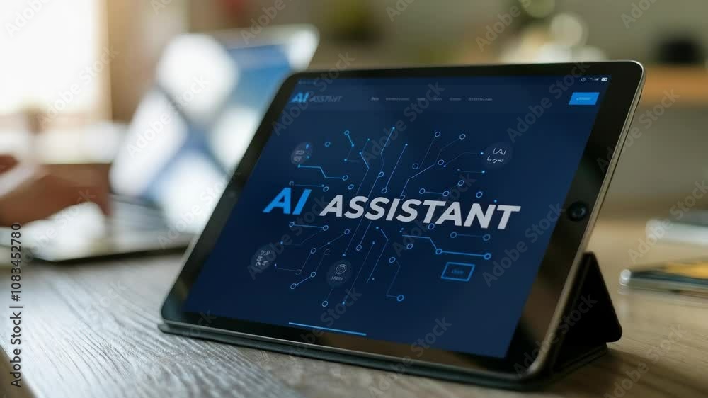 Poster a tablet displaying an ai assistant interface with a tech-oriented design.