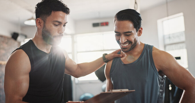 Fitness, advice and men in gym with checklist for registration, sign up or workout schedule. Boxer, personal trainer and clipboard for exercise planning, progress results or membership at sports club