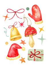 Set of illustrations for the New Year and Christmas. Set of Christmas decorations isolated on a white background. Watercolor illustration: sock, gift, present, stars, candle, cookies, christmas tree