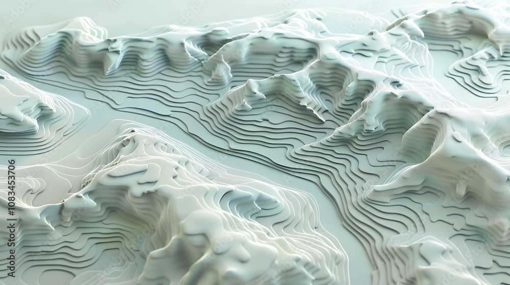 Poster 3d rendering of a topographic map, showcasing contour lines and hills in an abstract way.