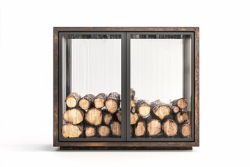 Naklejka premium Modern fireplace with a sleek metal frame, glass doors, and neatly stacked logs, isolated on a white background.