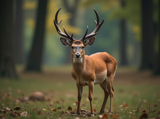 Obraz premium A small deer with large, dark horns stands in a forest clearing, looking directly at the camera.