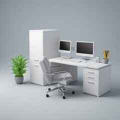 Fototapeta premium 3d render of a small office setup with computer and computer table 