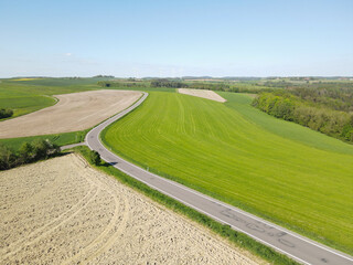 Aerial view of a landscape with agricultural fields, trees and a road on a sunny day in spring 