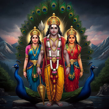 A divine representation of Lord Kartikeya surrounded by radiant peacock feathers, accompanied by Goddess Valli and Goddess Devasena in a tranquil mountainous landscape