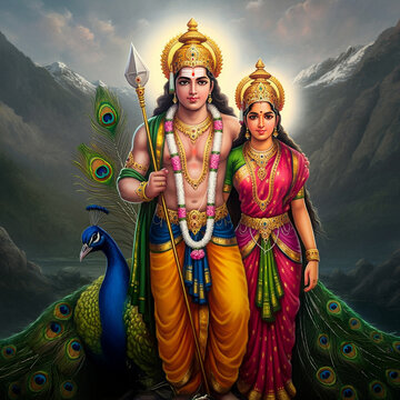 Lord Kartikeya stands majestically with Goddess Valli and Goddess Devasena, framed by vibrant peacock feathers, with a serene mountain backdrop