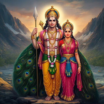  A divine representation of Lord Kartikeya with Goddess Valli and Goddess Devasena, standing majestically with a peacock in a serene mountain backdrop