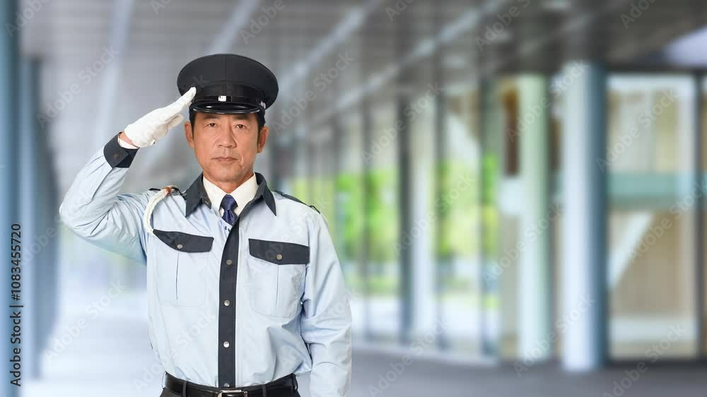 Poster 警備員、敬礼、警察官、警察、警官、制服、日本人、信頼、警備、警戒、セキュリティ、警備会社、防犯、防災、守衛、ガードマン、門番、見張り、保安、ボディガード、見回り、巡回、監視、取り締まり、見守り、パトロール、安全、仕事、アルバイト、職業、シリアス、正義、正義感、朝礼、式典、儀礼、上半身、公務員、挨拶、交番、警察署、スローモーション、ビル、エントランス、施設、ホール、駅、通路、イベント、人物