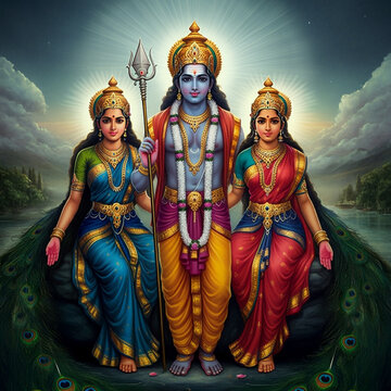 Majestic depiction of Lord Murugan with his consorts Valli and Deivanai, standing gracefully against a serene backdrop, symbolizing devotion and divine unity