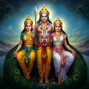 Glorious depiction of Lord Murugan with Valli and Deivanai in a serene forest setting, symbolizing devotion, power, and divine love